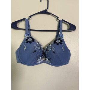 VICTORIA'S SECRET Blue Bra 36D Underwire Vintage Floral Embroidery